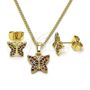 Juego de Arete y Dije de Adulto 10.284.0025.1 Oro Laminado, Diseño de Mariposa, con Granate Micro Pave, Pulido, Tono Dorado
