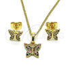 Juego de Arete y Dije de Adulto 10.284.0025.2 Oro Laminado, Diseño de Mariposa, con Multicolor Micro Pave, Pulido, Tono Dorado