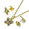 Juego de Arete y Dije de Adulto 10.284.0025.2 Oro Laminado, Diseño de Mariposa, con Multicolor Micro Pave, Pulido, Tono Dorado