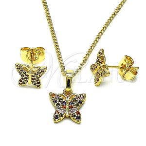 Juego de Arete y Dije de Adulto 10.284.0025.2 Oro Laminado, Diseño de Mariposa, con Multicolor Micro Pave, Pulido, Tono Dorado