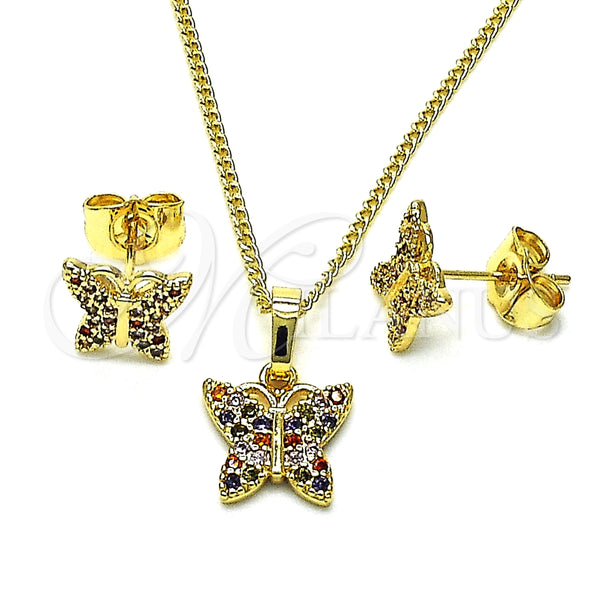 Juego de Arete y Dije de Adulto 10.284.0025.2 Oro Laminado, Diseño de Mariposa, con Multicolor Micro Pave, Pulido, Tono Dorado