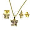 Juego de Arete y Dije de Adulto 10.284.0025.2 Oro Laminado, Diseño de Mariposa, con Multicolor Micro Pave, Pulido, Tono Dorado
