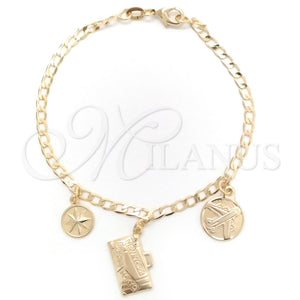 Pulsera de Dije 03.58.0079.07 Oro Laminado, Diseño de Miami Cubana y Trébol de Cuatro Hojas, Pulido, Tono Dorado (0.80 Gauge, 03 MM Thickness, 7 Inches Length)