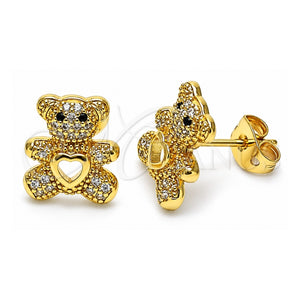 Arete Dormilona 02.342.0197 Oro Laminado, Diseño de Osito y Corazón, con Blanca and Negro Micro Pave, Pulido, Tono Dorado