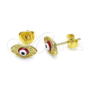 Arete Dormilona 02.213.0398 Oro Laminado, Diseño de Ojo Griego, Esmaltado Rojo, Tono Dorado