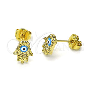 Arete Dormilona 02.213.0399.2 Oro Laminado, Diseño de Manos y Ojo Griego, Esmaltado Azul claro, Tono Dorado