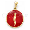 Dije Elegante 05.32.0090 Oro Laminado, Diseño de Chili, Esmaltado Rojo, Tono Dorado
