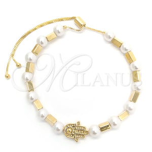 Pulsera Bolo Ajustable 03.32.0574 Oro Laminado, Diseño de Mano de Dios y Bola, con Blanca Perla, Pulido, Tono Dorado (01 MM Thickness, 7 Inches Length)