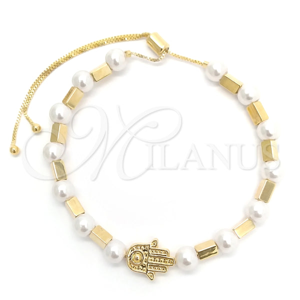 Pulsera Bolo Ajustable 03.32.0574 Oro Laminado, Diseño de Mano de Dios y Bola, con Blanca Perla, Pulido, Tono Dorado (01 MM Thickness, 7 Inches Length)