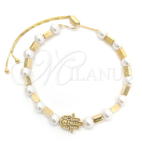Pulsera Bolo Ajustable 03.32.0574 Oro Laminado, Diseño de Mano de Dios y Bola, con Blanca Perla, Pulido, Tono Dorado (01 MM Thickness, 7 Inches Length)