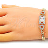 Pulsera Elegante 03.283.0199.07 Oro Laminado, Diseño de Hebilla del Cinturón y Miami Cubana, con Blanca Zirconia Cubica and Blanca Micro Pave, Pulido, Tono Dorado (140 Gauge, 05 MM Thickness, 8 Inches Length)