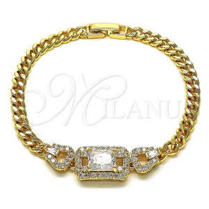 Pulsera Elegante 03.283.0199.07 Oro Laminado, Diseño de Hebilla del Cinturón y Miami Cubana, con Blanca Zirconia Cubica and Blanca Micro Pave, Pulido, Tono Dorado (140 Gauge, 05 MM Thickness, 8 Inches Length)