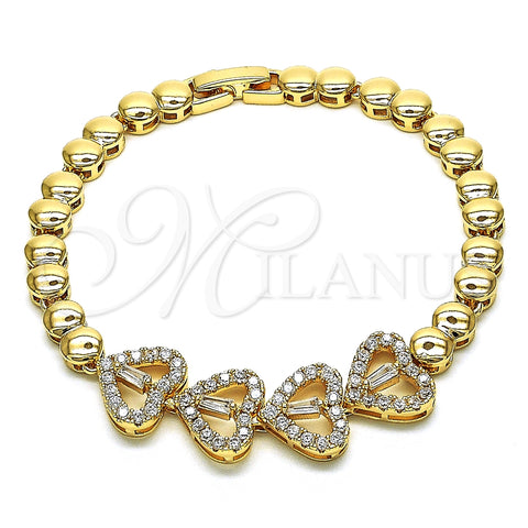 Pulsera Elegante 03.283.0203.07 Oro Laminado, Diseño de Corazón y Baguette, con Blanca Zirconia Cubica and Blanca Micro Pave, Pulido, Tono Dorado (06 MM Thickness, 7 Inches Length)