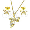 Juego de Arete y Dije de Adulto 10.210.0160 Oro Laminado, Diseño de Libélula y Flor, con Blanca Zirconia Cubica, Pulido, Tono Dorado