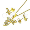 Juego de Arete y Dije de Adulto 10.210.0160 Oro Laminado, Diseño de Libélula y Flor, con Blanca Zirconia Cubica, Pulido, Tono Dorado