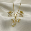 Juego de Arete y Dije de Adulto 10.210.0160 Oro Laminado, Diseño de Libélula y Flor, con Blanca Zirconia Cubica, Pulido, Tono Dorado