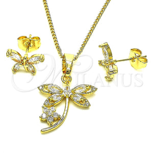 Juego de Arete y Dije de Adulto 10.210.0160 Oro Laminado, Diseño de Libélula y Flor, con Blanca Zirconia Cubica, Pulido, Tono Dorado