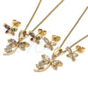 Juego de Arete y Dije de Adulto 10.210.0160 Oro Laminado, Diseño de Libélula y Flor, con Blanca Zirconia Cubica, Pulido, Tono Dorado