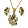 Juego de Arete y Dije de Adulto 10.210.0161.1 Oro Laminado, Diseño de Pavo Real, con Multicolor Zirconia Cubica, Pulido, Tono Dorado