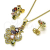 Juego de Arete y Dije de Adulto 10.210.0161.1 Oro Laminado, Diseño de Pavo Real, con Multicolor Zirconia Cubica, Pulido, Tono Dorado