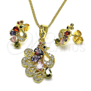 Juego de Arete y Dije de Adulto 10.210.0161.1 Oro Laminado, Diseño de Pavo Real, con Multicolor Zirconia Cubica, Pulido, Tono Dorado