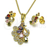 Juego de Arete y Dije de Adulto 10.210.0161.1 Oro Laminado, Diseño de Pavo Real, con Multicolor Zirconia Cubica, Pulido, Tono Dorado