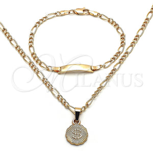 Collar y Pulsera 06.63.0258 Oro Laminado, Diseño de Dinero y Figaro, Pulido, Tono Dorado