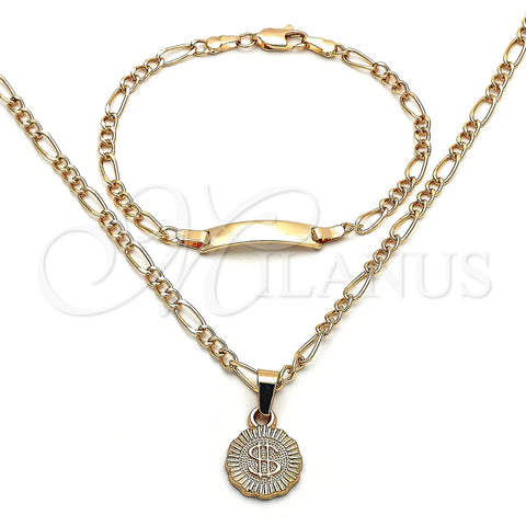 Collar y Pulsera 06.63.0258 Oro Laminado, Diseño de Dinero y Figaro, Pulido, Tono Dorado