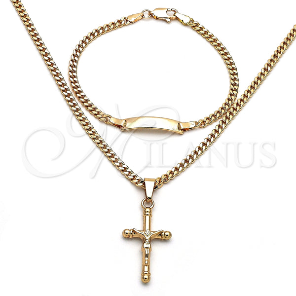 Collar y Pulsera 06.63.0265 Oro Laminado, Diseño de Crucifijo y Miami Cubana, Pulido, Tono Dorado