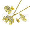 Juego de Arete y Dije de Adulto 10.284.0026 Oro Laminado, Diseño de Elefante, con Blanca and Negro Micro Pave, Pulido, Tono Dorado