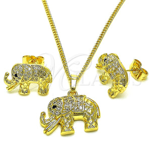 Juego de Arete y Dije de Adulto 10.284.0026 Oro Laminado, Diseño de Elefante, con Blanca and Negro Micro Pave, Pulido, Tono Dorado