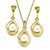 Juego de Arete y Dije de Adulto 10.379.0032 Oro Laminado, Diseño de Gota, con Marfil Perla, Pulido, Tono Dorado