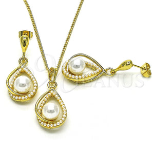 Juego de Arete y Dije de Adulto 10.379.0032 Oro Laminado, Diseño de Gota, con Marfil Perla, Pulido, Tono Dorado