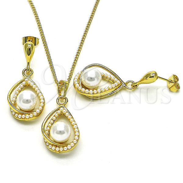 Juego de Arete y Dije de Adulto 10.379.0032 Oro Laminado, Diseño de Gota, con Marfil Perla, Pulido, Tono Dorado
