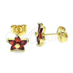 Arete Dormilona 02.310.0024.2 Oro Laminado, Diseño de Flor, con Granate Zirconia Cubica, Pulido, Tono Dorado
