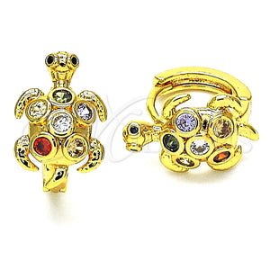 Argolla Huggie 02.210.0713.3.12 Oro Laminado, Diseño de Tortuga, con Multicolor Zirconia Cubica and Blanca Micro Pave, Pulido, Tono Dorado