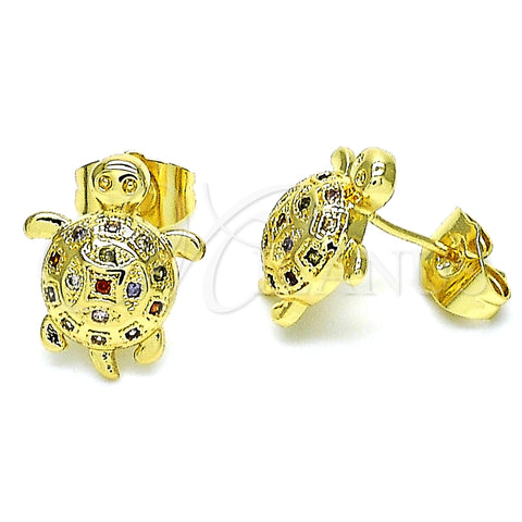 Arete Dormilona 02.284.0047 Oro Laminado, Diseño de Tortuga, con Multicolor Micro Pave, Pulido, Tono Dorado