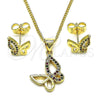 Juego de Arete y Dije de Adulto 10.156.0452.1 Oro Laminado, Diseño de Mariposa, con Multicolor Micro Pave, Pulido, Tono Dorado