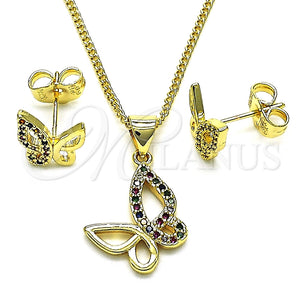 Juego de Arete y Dije de Adulto 10.156.0452.1 Oro Laminado, Diseño de Mariposa, con Multicolor Micro Pave, Pulido, Tono Dorado