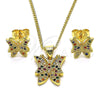 Juego de Arete y Dije de Adulto 10.156.0454.1 Oro Laminado, Diseño de Mariposa, con Multicolor Micro Pave, Pulido, Tono Dorado
