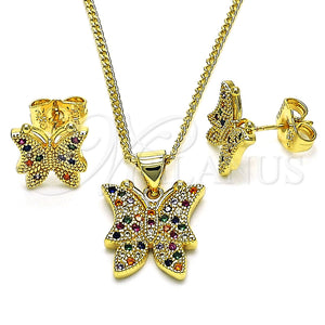 Juego de Arete y Dije de Adulto 10.156.0454.1 Oro Laminado, Diseño de Mariposa, con Multicolor Micro Pave, Pulido, Tono Dorado