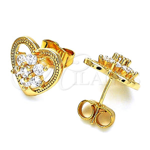 Arete Dormilona 02.387.0080 Oro Laminado, Diseño de Corazón y Flor, con Blanca Zirconia Cubica, Pulido, Tono Dorado