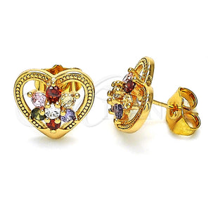 Arete Dormilona 02.387.0080.1 Oro Laminado, Diseño de Corazón y Flor, con Multicolor Zirconia Cubica, Pulido, Tono Dorado