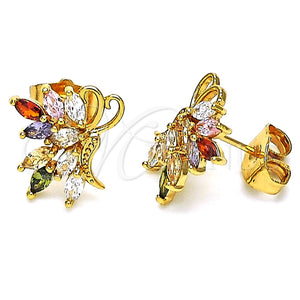 Arete Dormilona 02.387.0081.1 Oro Laminado, Diseño de Mariposa, con Multicolor Zirconia Cubica, Pulido, Tono Dorado