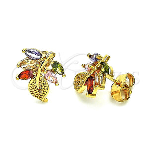 Arete Dormilona 02.387.0082.1 Oro Laminado, Diseño de Oja, con Multicolor Zirconia Cubica, Pulido, Tono Dorado