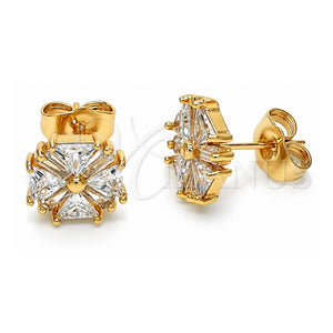 Arete Dormilona 02.387.0084 Oro Laminado, Diseño de Flor y Baguette, con Zirconia Cubica Blanca, Pulido, Tono Dorado