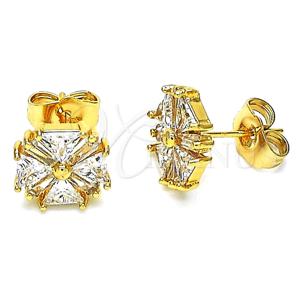 Arete Dormilona 02.387.0084 Oro Laminado, Diseño de Flor y Baguette, con Blanca Zirconia Cubica, Pulido, Tono Dorado