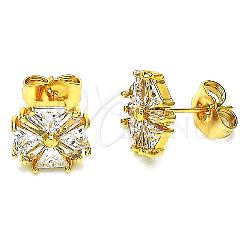 Arete Dormilona 02.387.0084 Oro Laminado, Diseño de Flor y Baguette, con Blanca Zirconia Cubica, Pulido, Tono Dorado