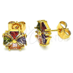Arete Dormilona 02.387.0084.1 Oro Laminado, Diseño de Flor y Baguette, con Multicolor Zirconia Cubica, Pulido, Tono Dorado