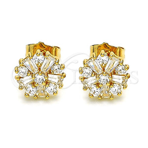 Arete Dormilona 02.387.0086 Oro Laminado, Diseño de Flor y Baguette, con Blanca Zirconia Cubica, Pulido, Tono Dorado